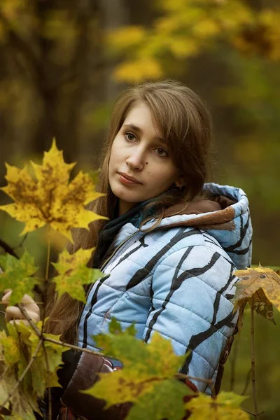 Retrato de una niña en un bosque con un arce . —  Fotos de Stock