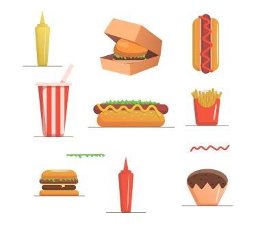 Renkli çizgi film fast food ikonları. İzole vektör.