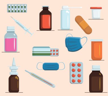 İlaç şişeleri koleksiyonu. Uyuşturucu, tabletler, kapsüller ve spreyler Vektör illüstrasyonu