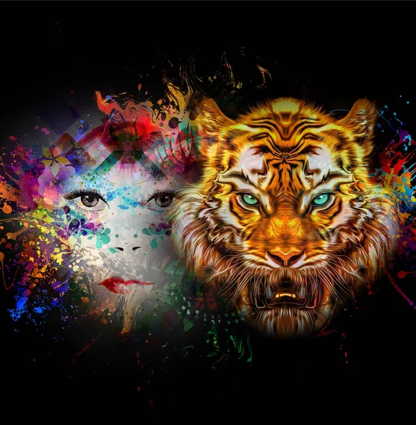 Tiger- und Frauengesicht — Stockfoto