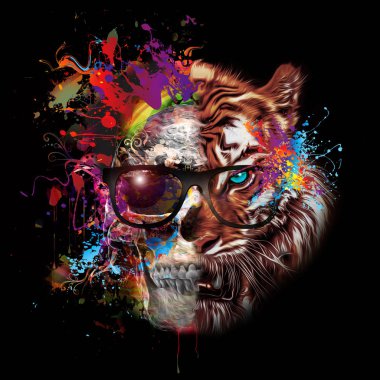 Skull and tiger in glasses on colored background clipart
