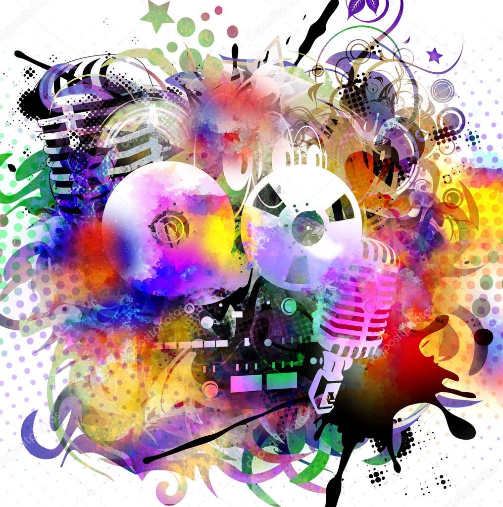 microphone and recorder on abstract magic colorfull splashes background 