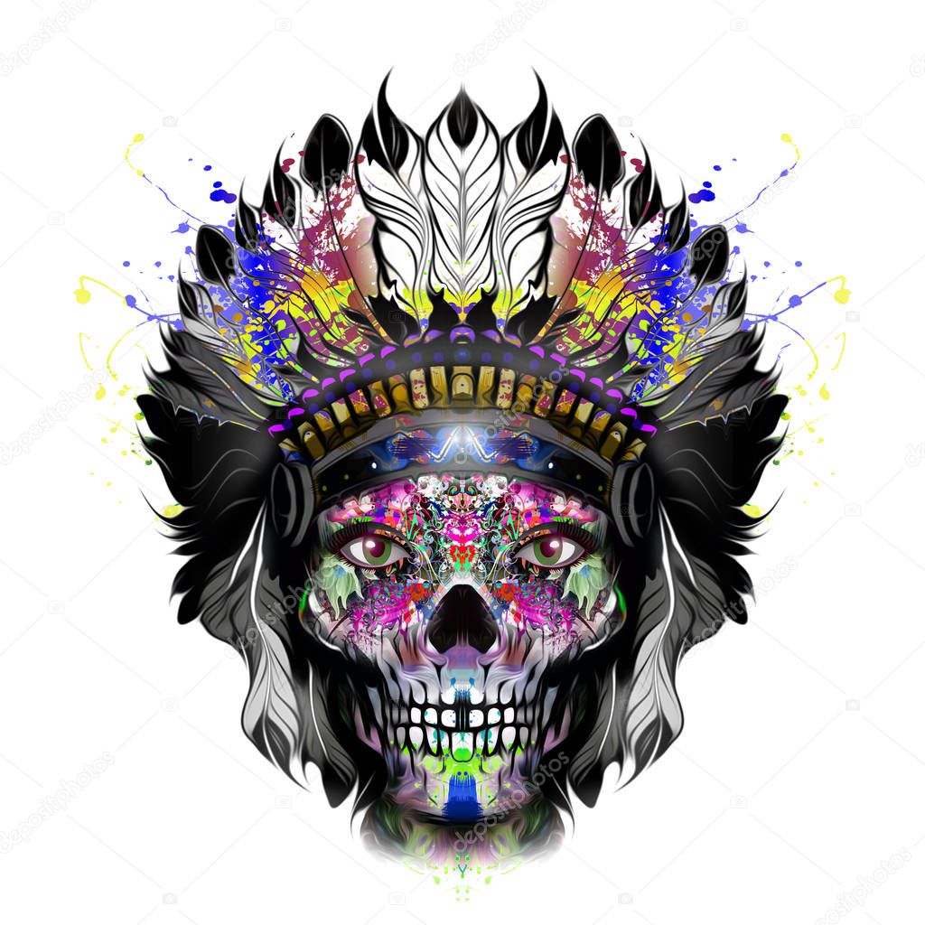 Colored skull with Native American Headdress