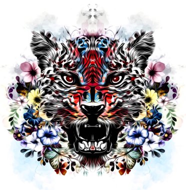 Beyaz arkaplanda izole edilmiş çiçeklerle renkli sanatsal leopar ağızlık 