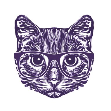 Cat head in eyeglasses colorful illustration, digital art 