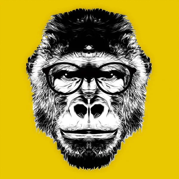 黄色の背景をした眼鏡の芸術的な猿の銃口 — ストック写真