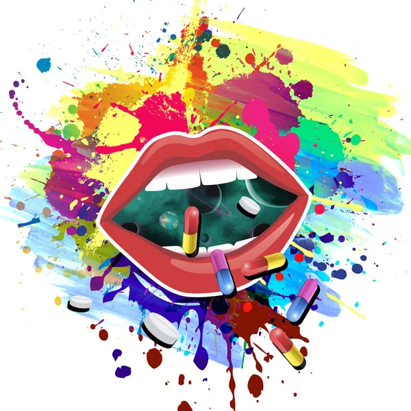 Usta Narkotyki Kolorowymi Abstrakcyjnymi Rozpryskami Białym Tle — Zdjęcie stockowe