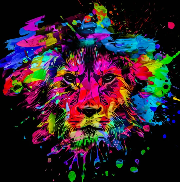 Colorful Lion Face Abstract Style Black Background Stock Photo