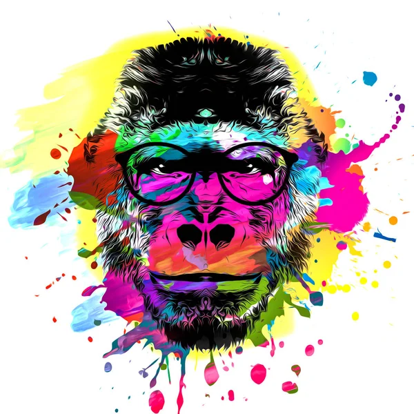 Beyaz Arka Planda Renkli Boya Lekeleri Olan Gözlüklü Renkli Maymun — Stok fotoğraf