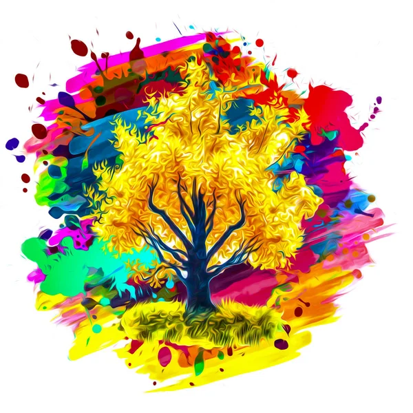 Kolorowy Jesienny Obraz Drzewa Żółtymi Liśćmi — Zdjęcie stockowe