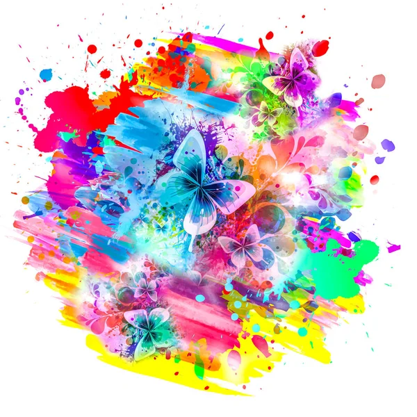 Colorful Paint Splashes Digital Illustration Butterflies Flowers — Stock Photo, Image