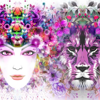 Kadın yüzü ve çiçeklerle soyut bir arkaplan