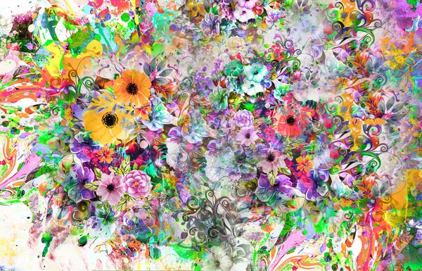 抽象的な背景に鮮やかな色彩の飛沫と花 — ストック写真