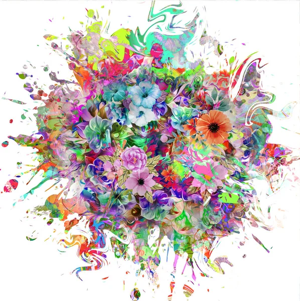 Abstrakter Hintergrund Mit Bunten Farbtupfern Und Blumen — Stockfoto