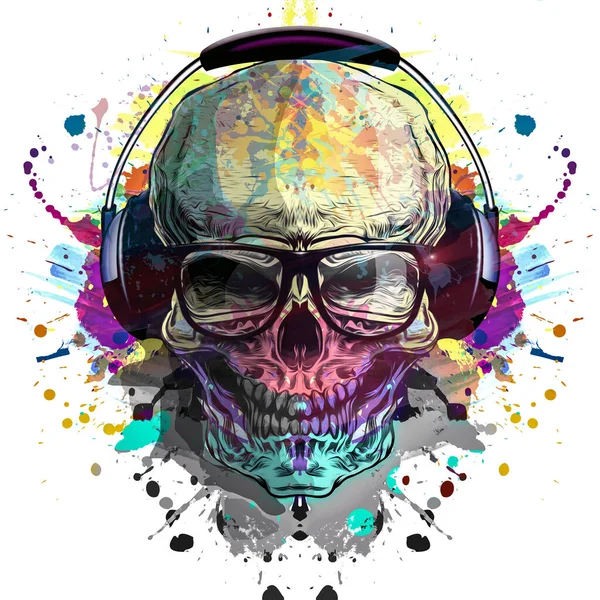 Colored skull with earphones in eyeglasses with creative abstract colorful spots elements on white background