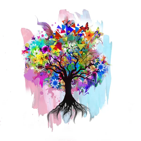 Futurystyczne Kolorowe Tło Drzewa Piękne Motyle Plamy Farby — Zdjęcie stockowe
