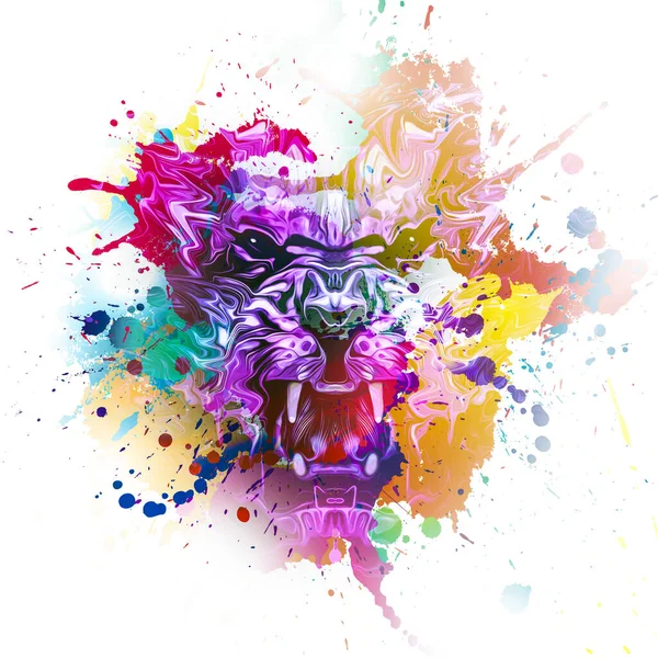 Tête Tigre Avec Des Éléments Créatifs Abstraits Colorés Taches Sur — Photo