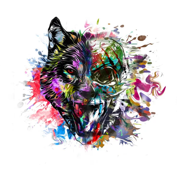Wolfskopf Mit Kreativen Abstrakten Bunten Fleckenelementen Auf Weißem Hintergrund — Stockfoto