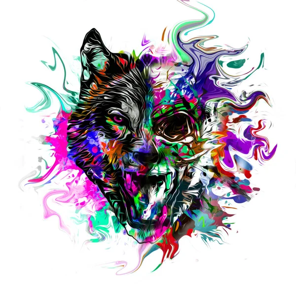 Cabeça Lobo Com Abstrato Criativo Pontos Coloridos Elementos Fundo Branco — Fotografia de Stock