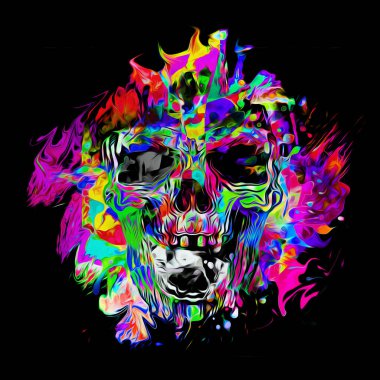 Beyaz arka planda renkli soyut lekeler olan kızgın kafatası.