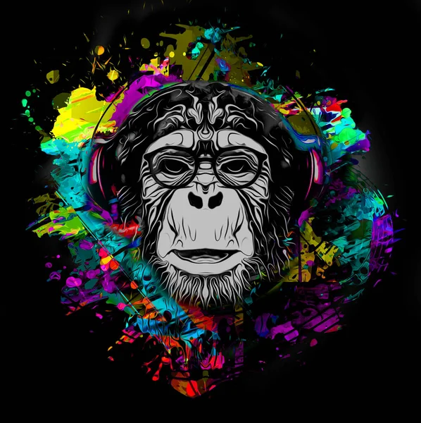 白い背景にカラフルなペイントスプラッター付き眼鏡のカラフルな芸術的な猿 — ストック写真
