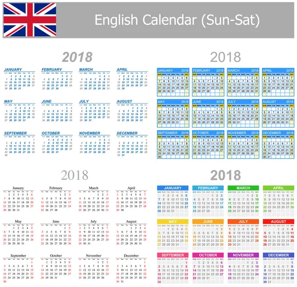 2018 Αγγλικά μίγμα ημερολόγιο-Κυρ — Διανυσματικό Αρχείο
