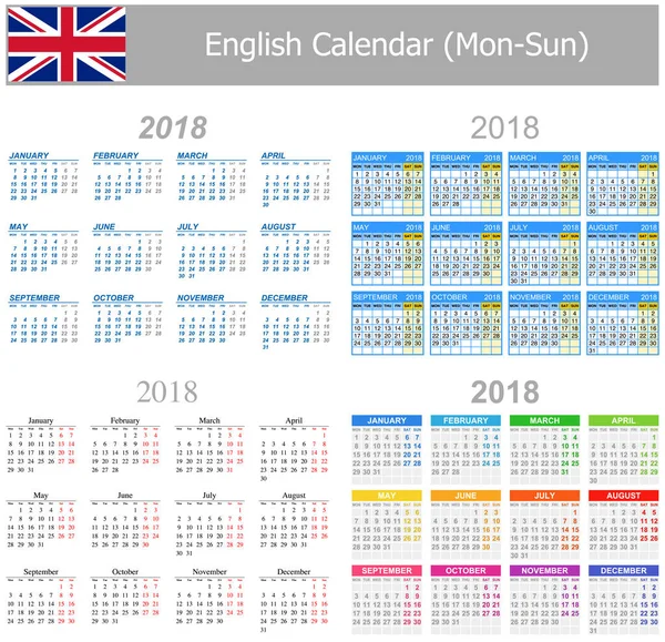2018 Inglese Mix Calendario Lun-Dom — Vettoriale Stock