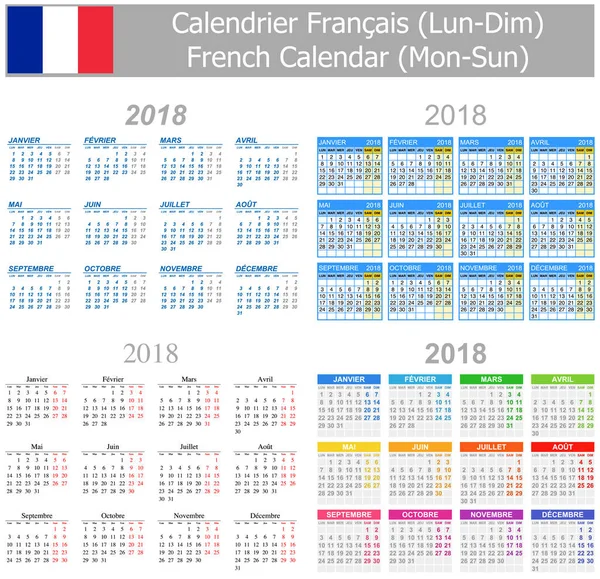 2018 French Mix Calendar Mon-Sun — Stock Vector