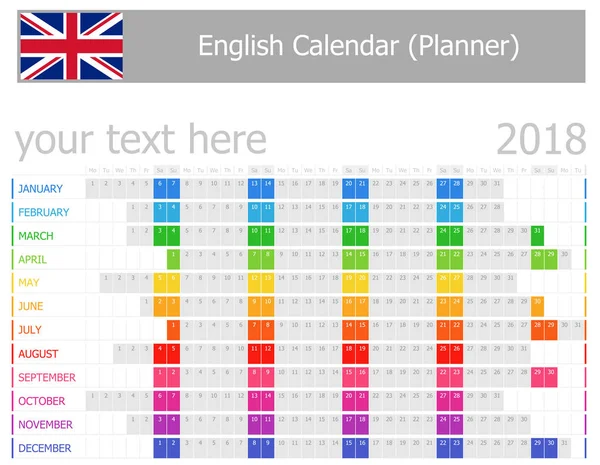 Calendrier des planificateurs anglais 2018 avec mois horizontaux — Image vectorielle