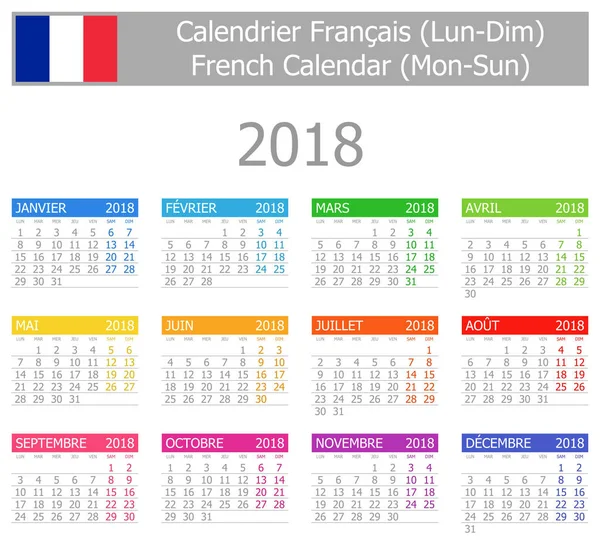Calendario Francés Tipo-1 2018 Lun-Dom — Archivo Imágenes Vectoriales