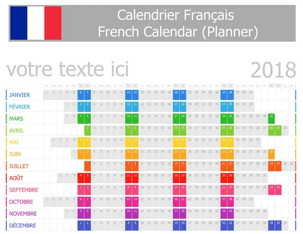 Calendario Planner francese 2018 con mesi orizzontali — Vettoriale Stock