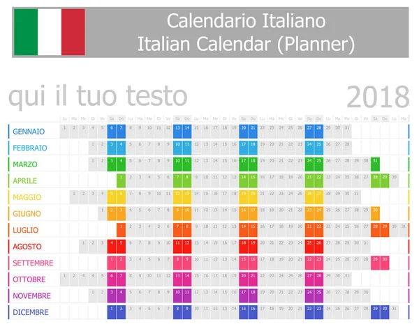 Calendario de planificador italiano 2018 con meses horizontales — Archivo Imágenes Vectoriales
