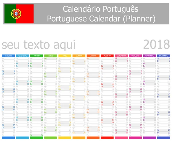 2018 Πορτογαλικά Planner ημερολογιακών μηνών κάθετη — Διανυσματικό Αρχείο