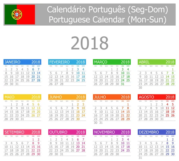 2018 Portuguese Type-1 Calendar Mon-Sun — Stock Vector