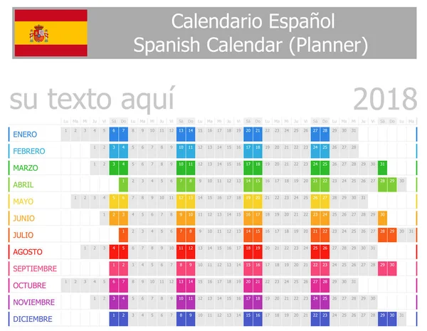 2018 Spanish Planner Calendar with Horizontal Months — Stock Vector