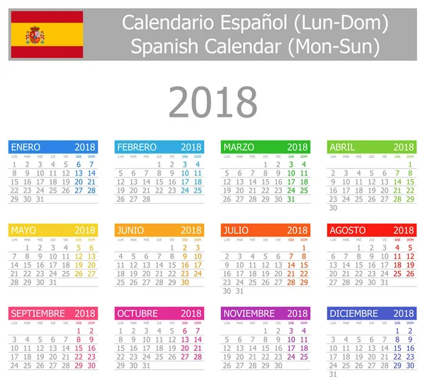 2018 r. hiszpański typu 1 kalendarz pon niedz — Wektor stockowy