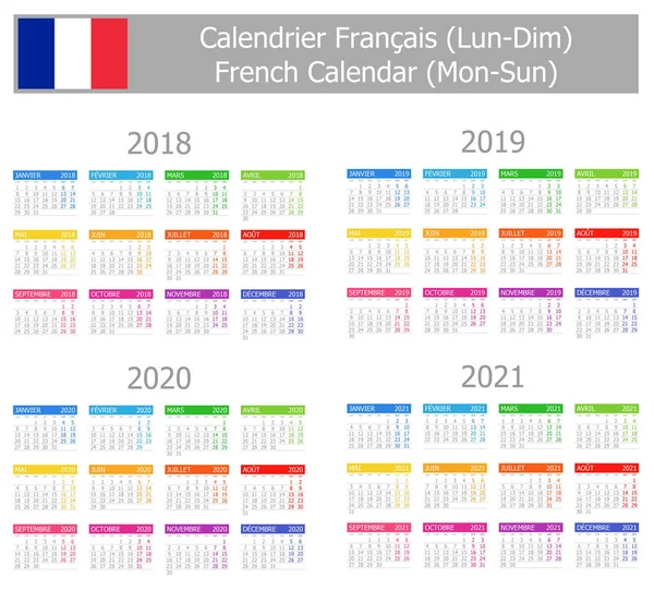 2018-2021 French Type-1 Calendar Mon-Sun — Stock Vector