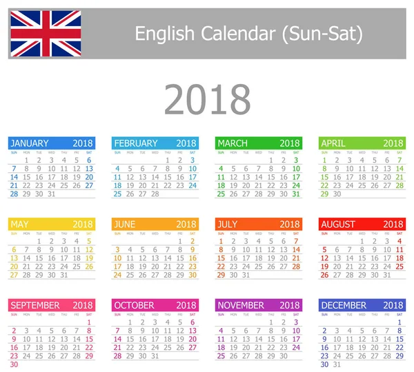 2018 Inglés Tipo-1 Calendario Sun-Sat — Archivo Imágenes Vectoriales