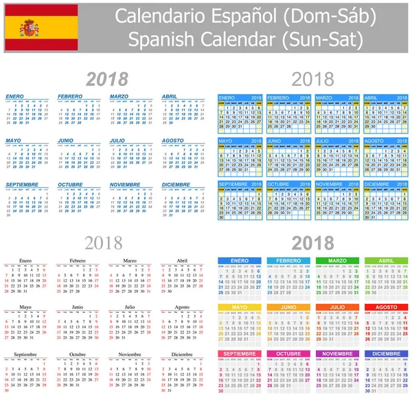 2018 스페인 믹스 캘린더-토요일 일요일 — 스톡 벡터