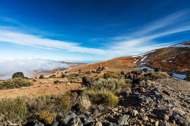 Teide Milli Parkı, Tenerife, Kanarya Adaları - Montana Blanca volkanik tırmanış Trail renkli toprak. 3718 m Teide tepeye kadar İspanya'nin bu doğa yürüyüşü yol uzun ve zorludur