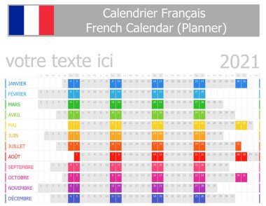 Beyaz arkaplanda Yatay Aylı 2021 Fransız Planlayıcı Takvimi