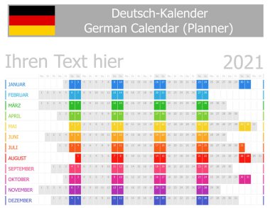 Beyaz arkaplanda Yatay Aylarla 2021 Alman Planlayıcı Takvimi