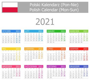 Beyaz arkaplanda 2021 Polonya Tip-1 Takvimi Mon-Sun