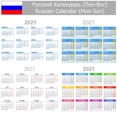 Beyaz arkaplanda Rus Karışık Takvimi Mon-Sun 2021