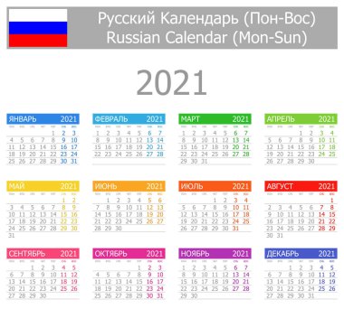 Beyaz arkaplanda 2021 Rus Tip-1 Takvimi Mon-Sun