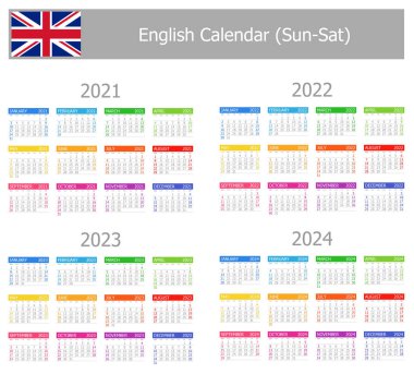2021-2024 İngilizce Tip-1 Takvim Sun-sat beyaz arkaplanda