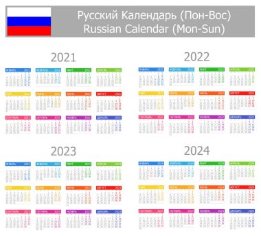 2021-2024 Rus Tip-1 Takvimi Beyaz zemin üzerinde Mon-Sun