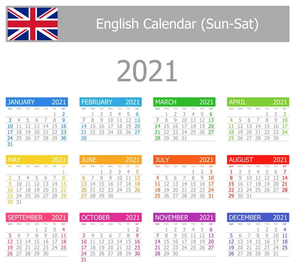 2021 English Type Calendar Sun Sat White Background — 스톡 벡터