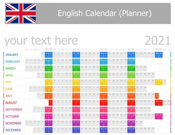 2021 Engelska Planner Kalender Med Horisontella Månader Vit Bakgrund — Stock vektor