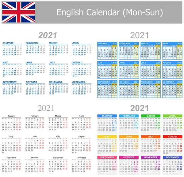 2021 Inglés Mix Calendar Lun Sun Sobre Fondo Blanco — Vector de stock